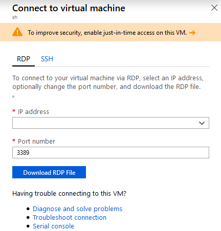 A screenshot of the RDP tab of the Connect to virtual machine window.