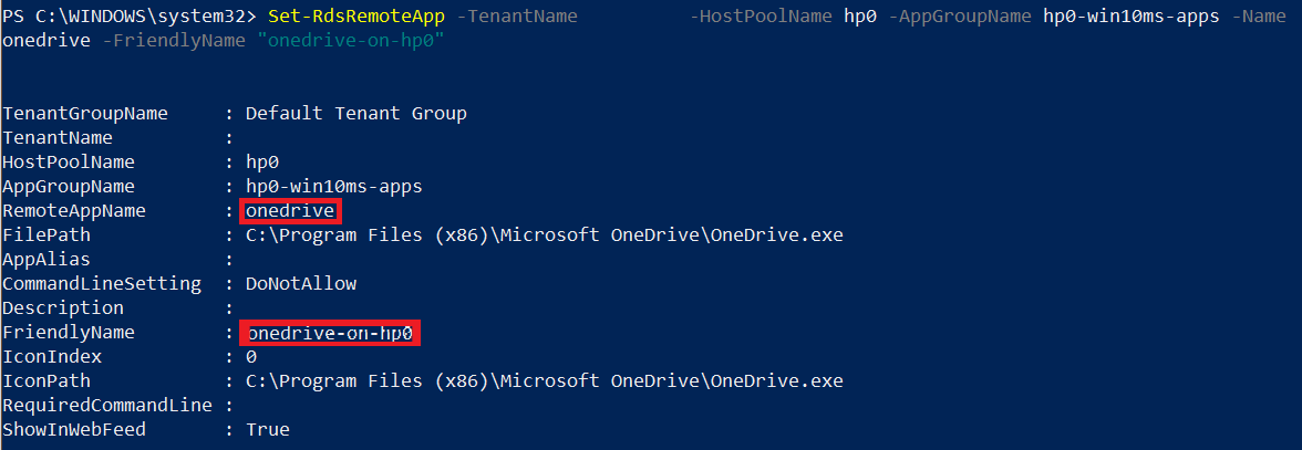 A screenshot of PowerShell cmdlet Set-RDSRemoteApp with Name and New FriendlyName highlighted to customize display name.