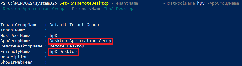 A screenshot of PowerShell cmdlet Set-RDSRemoteApp with Name and New FriendlyName highlighted.