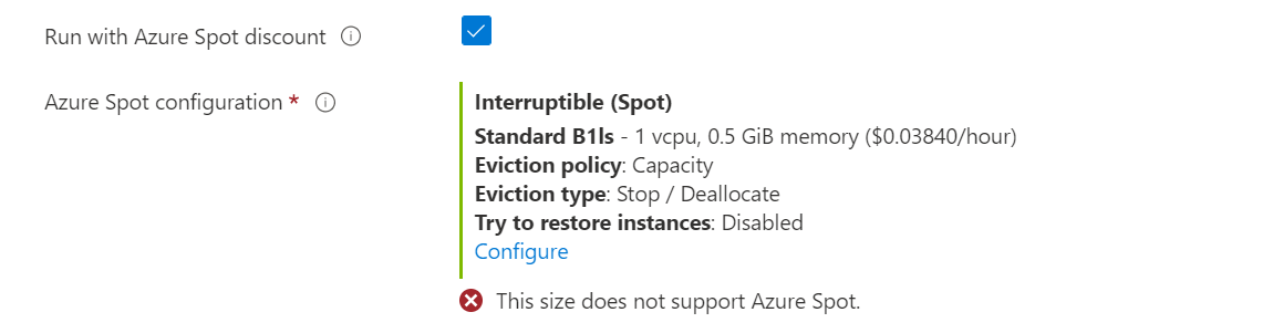 Screenshot of a selected checkbox next to the Run with Azure Spot discount option.
