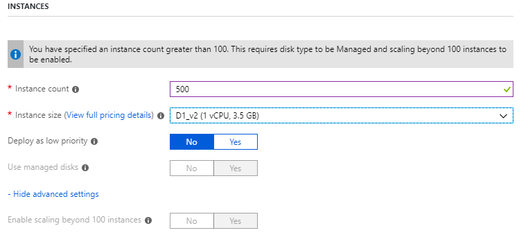 This image shows the instances blade of the Azure Portal. Options to select the Instance Count and Instance size are available.