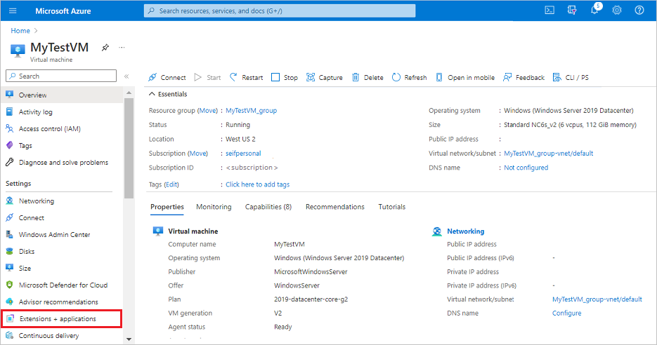 Screenshot that shows selecting Extensions in the Azure portal menu.