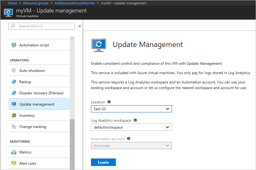 Enable Update management solution