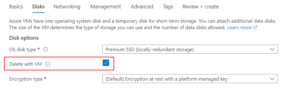 Screenshot checkbox to choose to have the disk deleted when the VM is deleted.