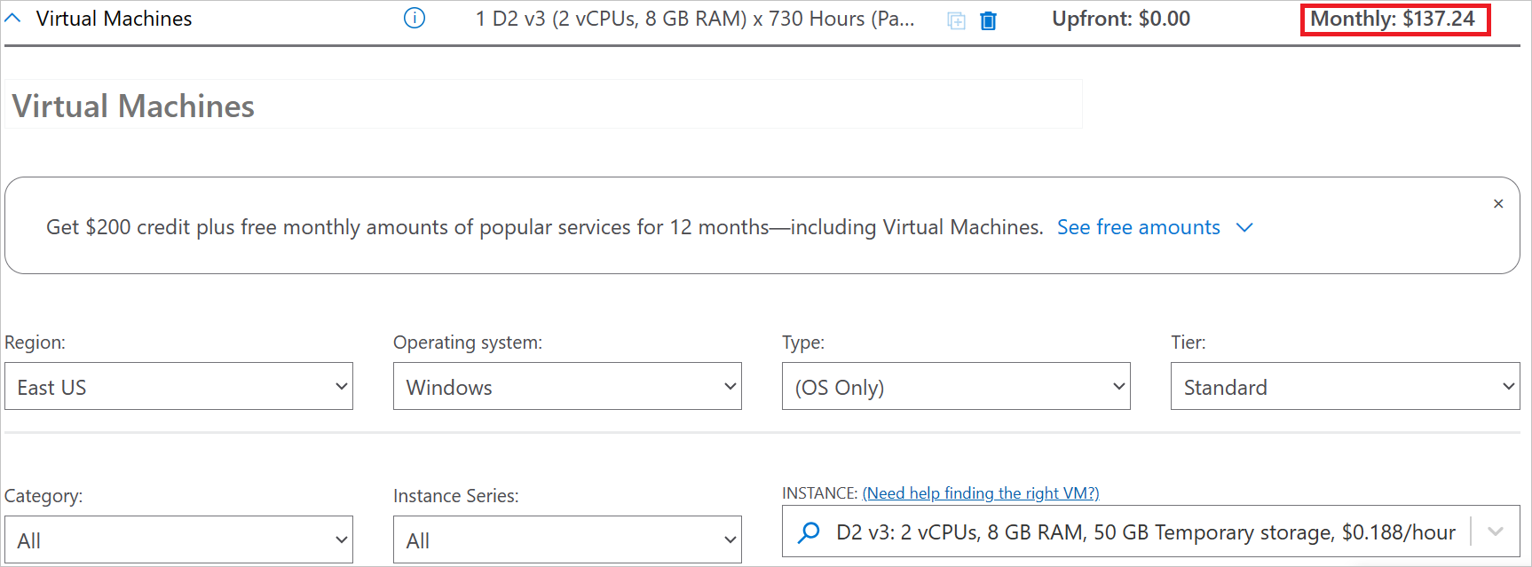 Screenshot showing the your estimate section and main options available for virtual machines.