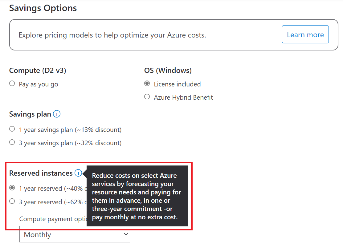 Screenshot of virtual machine prepayment options on pricing calculator.