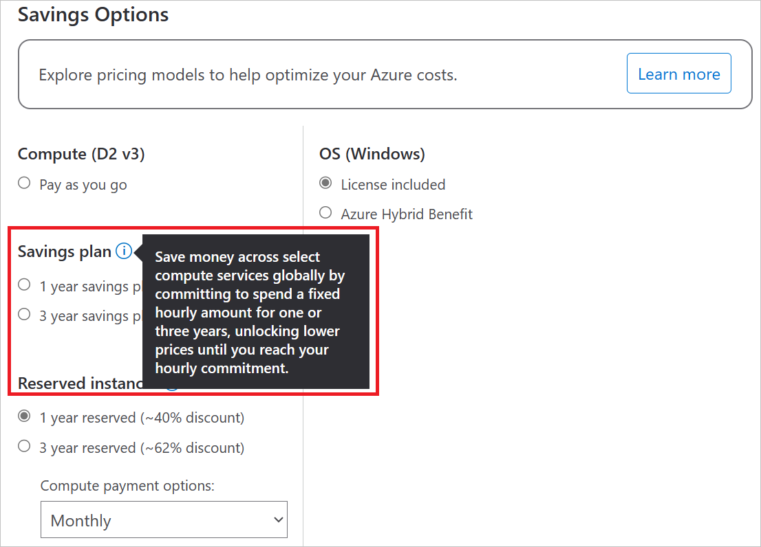 Screenshot of virtual machine savings plans on pricing calculator.