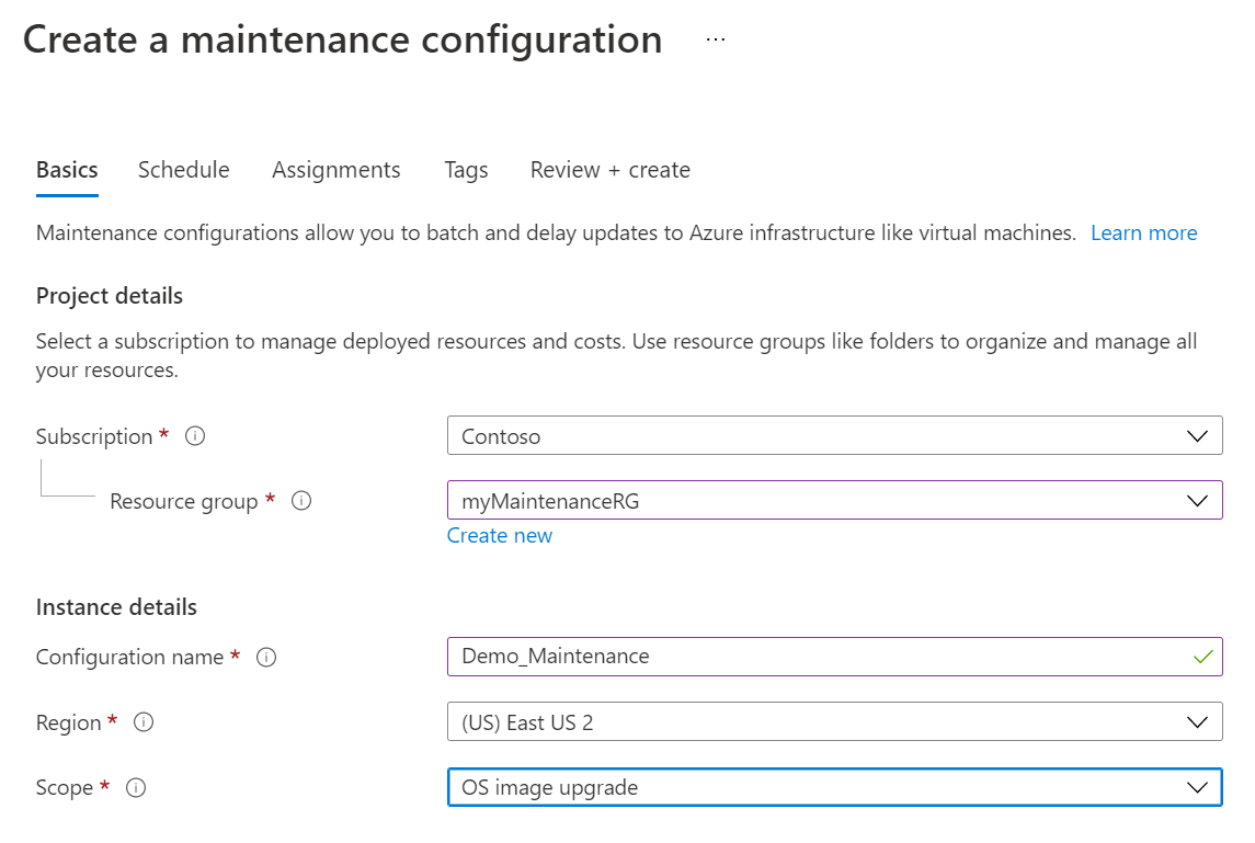 Screenshot showing Maintenance Configuration basics