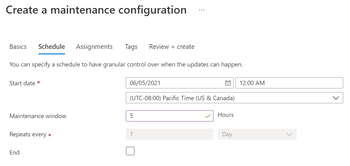 Screenshot showing Maintenance Configuration schedule