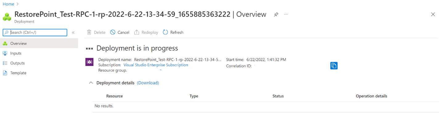 Screenshot of progress of VM restore point creation.
