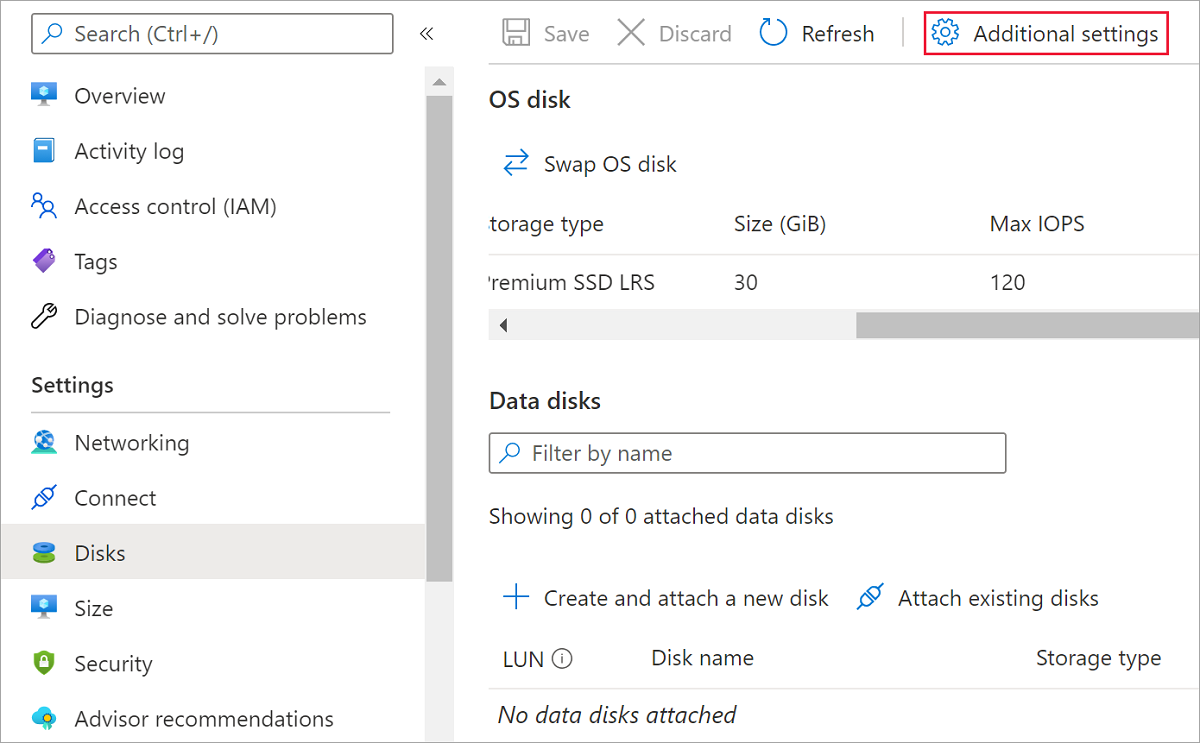 Screenshot of the Disks pane on a VM, Additional Settings is highlighted.