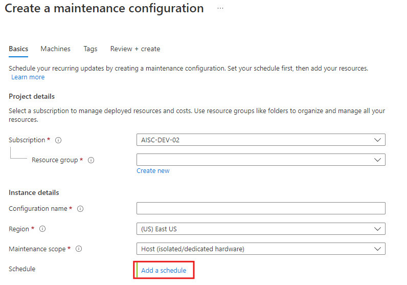 Screenshot that shows basic information for a maintenance configuration.