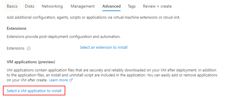 Screenshot of the Advanced tab where you can choose to install a VM application.
