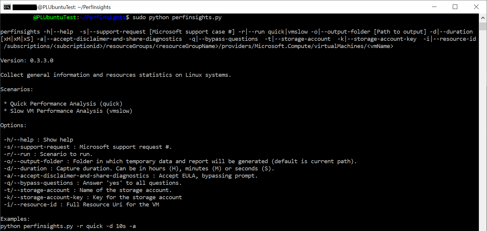 Screenshot of PerfInsights Linux command-line output.