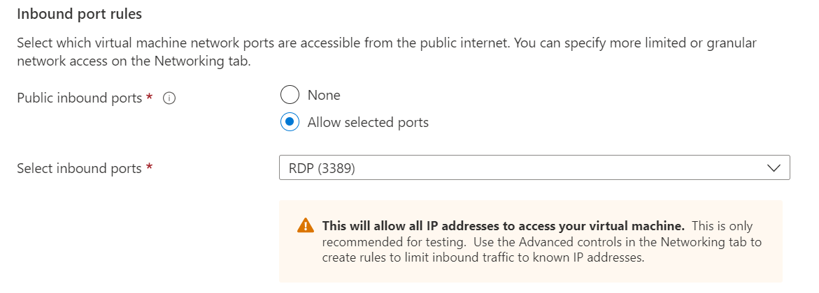 Screenshot of the inbound port rules section where you select what ports inbound connections are allowed on