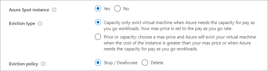 Screen capture for choosing yes, use an Azure spot instance