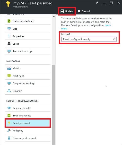 Reset the RDP configuration in the Azure portal