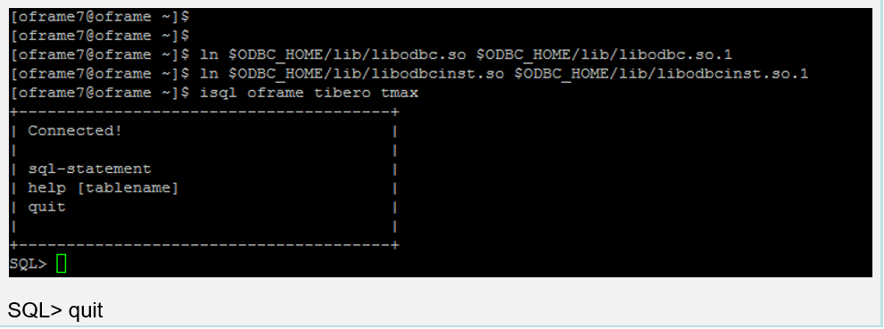 ODBC output showing connected to SQL