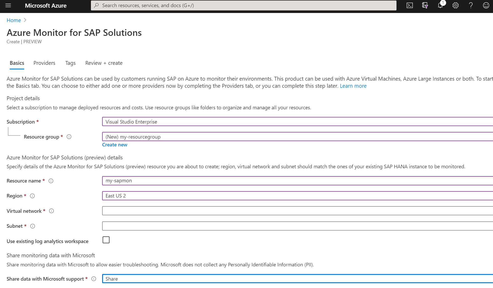 Screenshot that shows configuration options on the Basics tab.