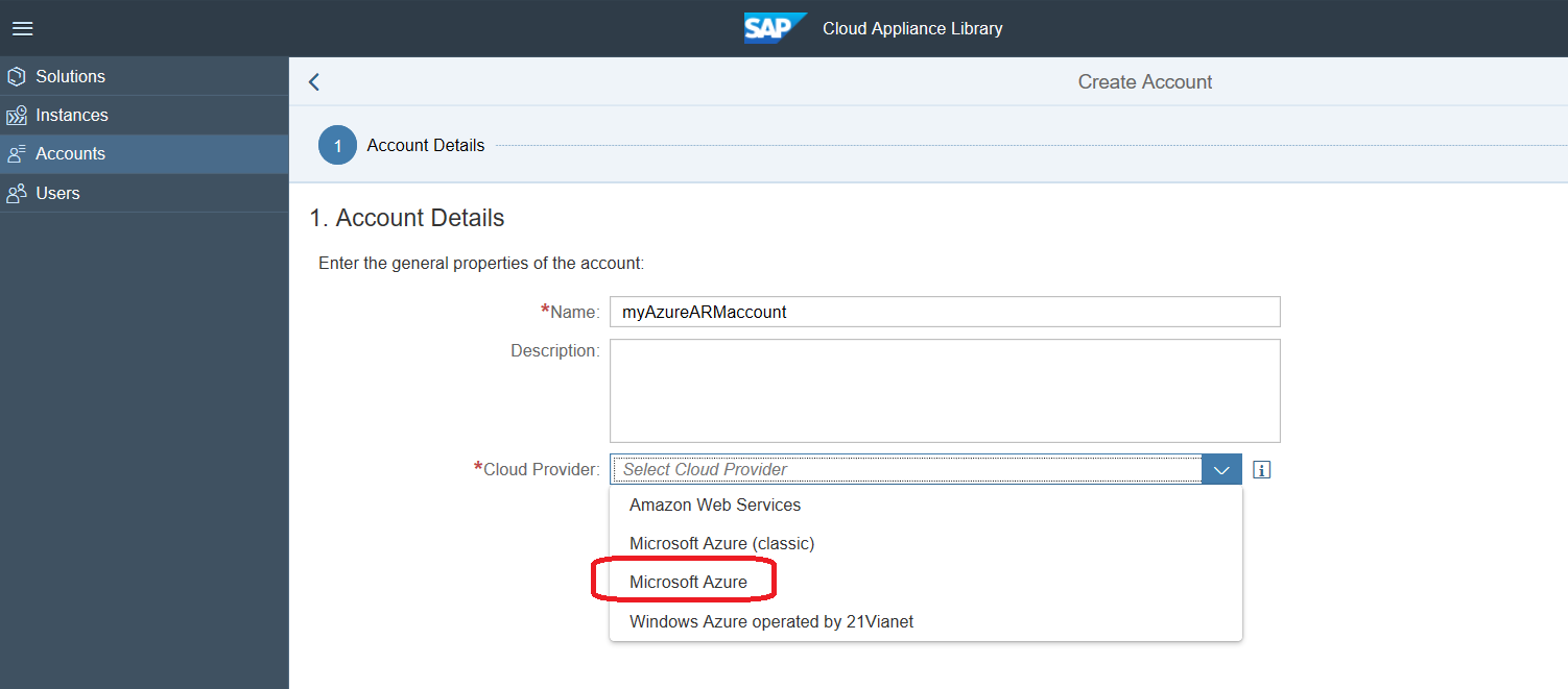 Screenshot shows S A P CAL Accounts with Microsoft Azure called out.