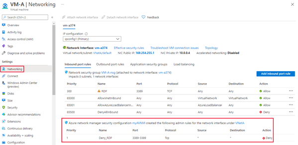 Screenshot of security admin rules under virtual machine network settings.