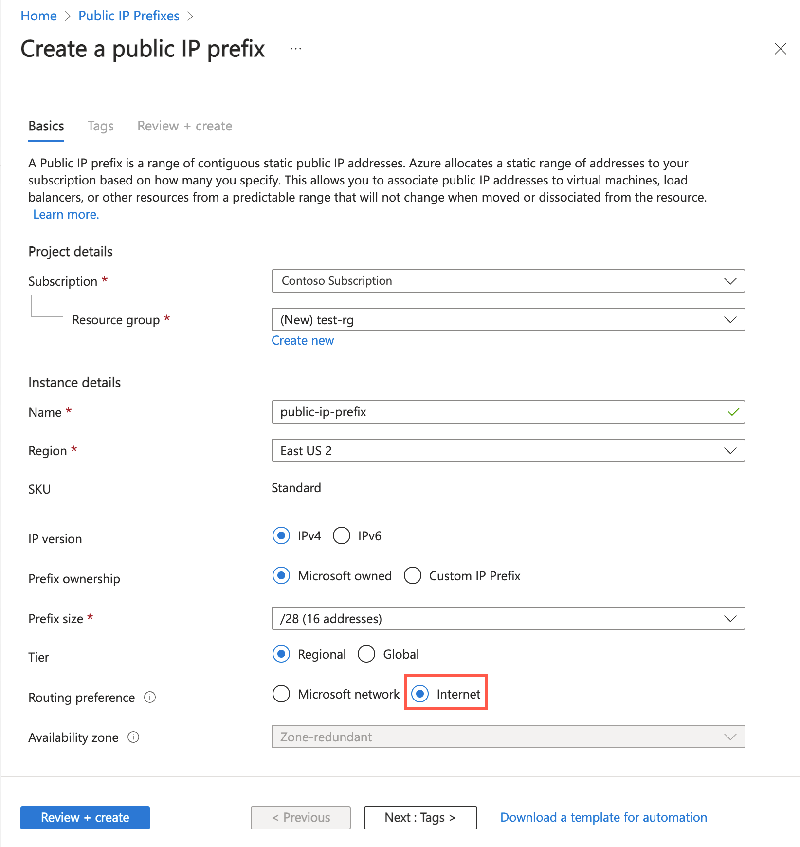Screenshot of create public IP address prefix with routing preference in the Azure portal.