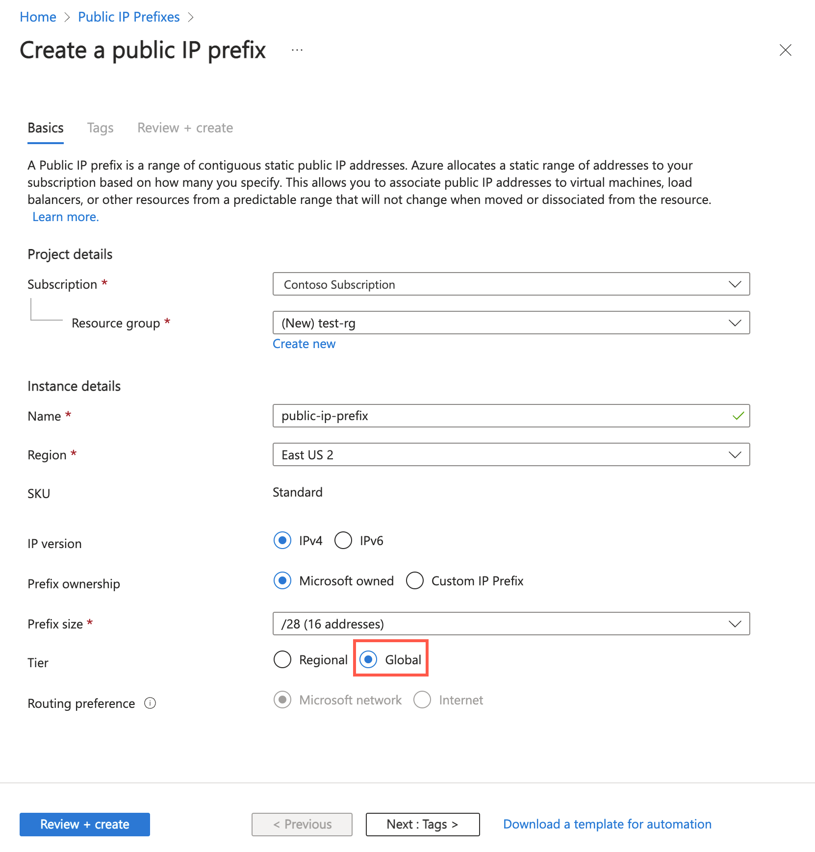 Screenshot of create public IP address prefix with global tier in the Azure portal.