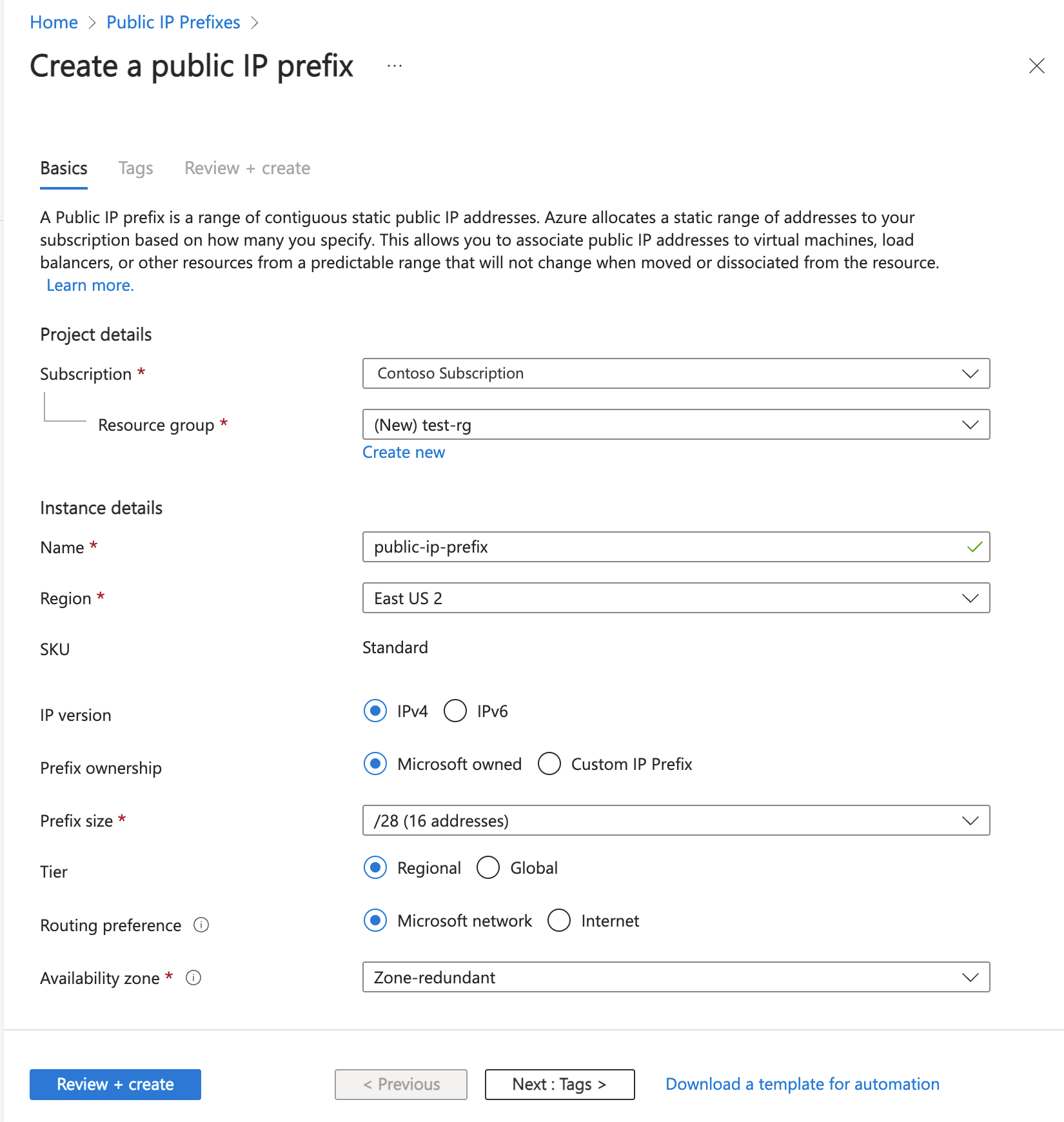 Screenshot of create public IP address prefix with default settings in the Azure portal.
