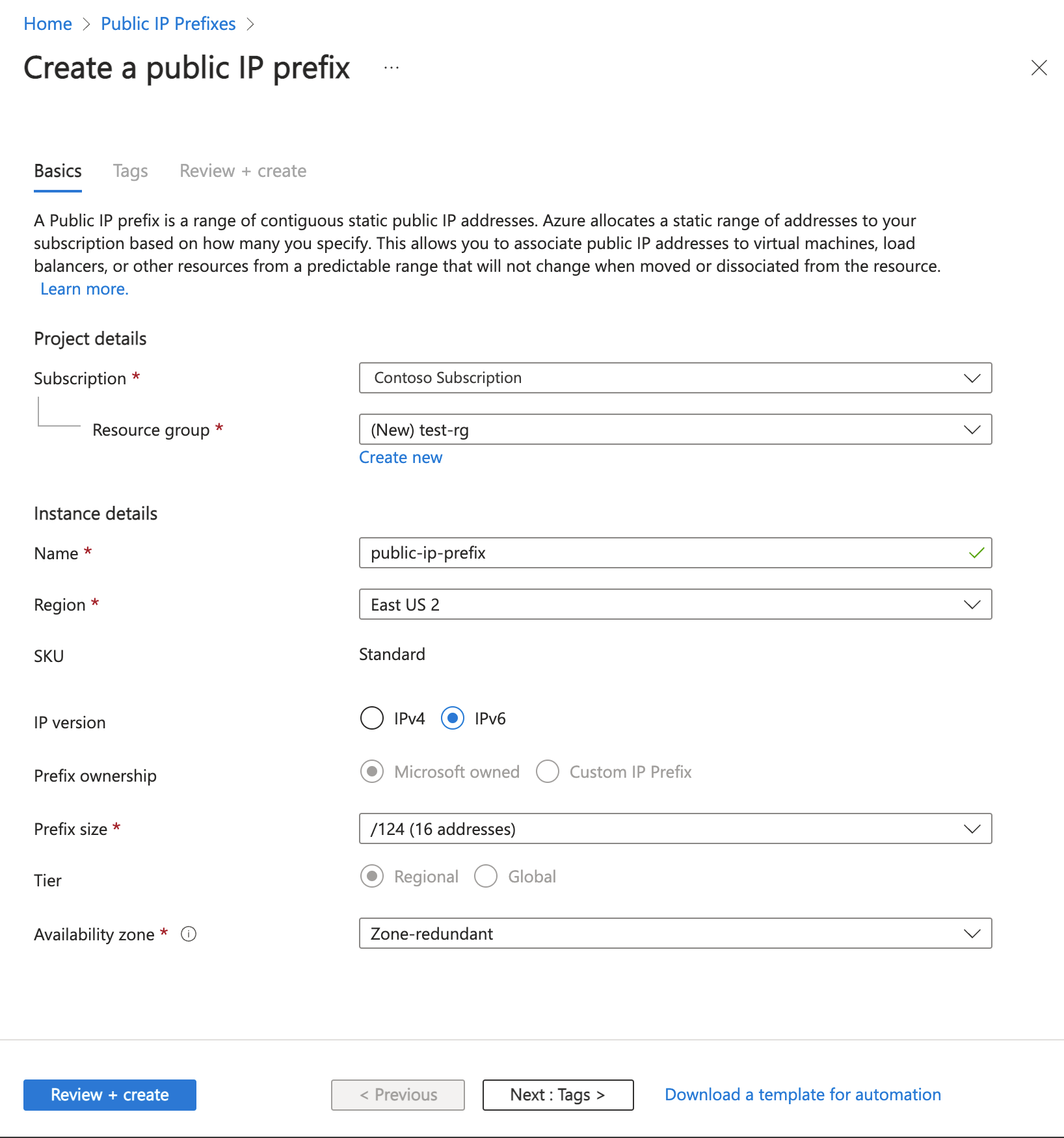 Screenshot of create IPv6 public IP address prefix in the Azure portal.