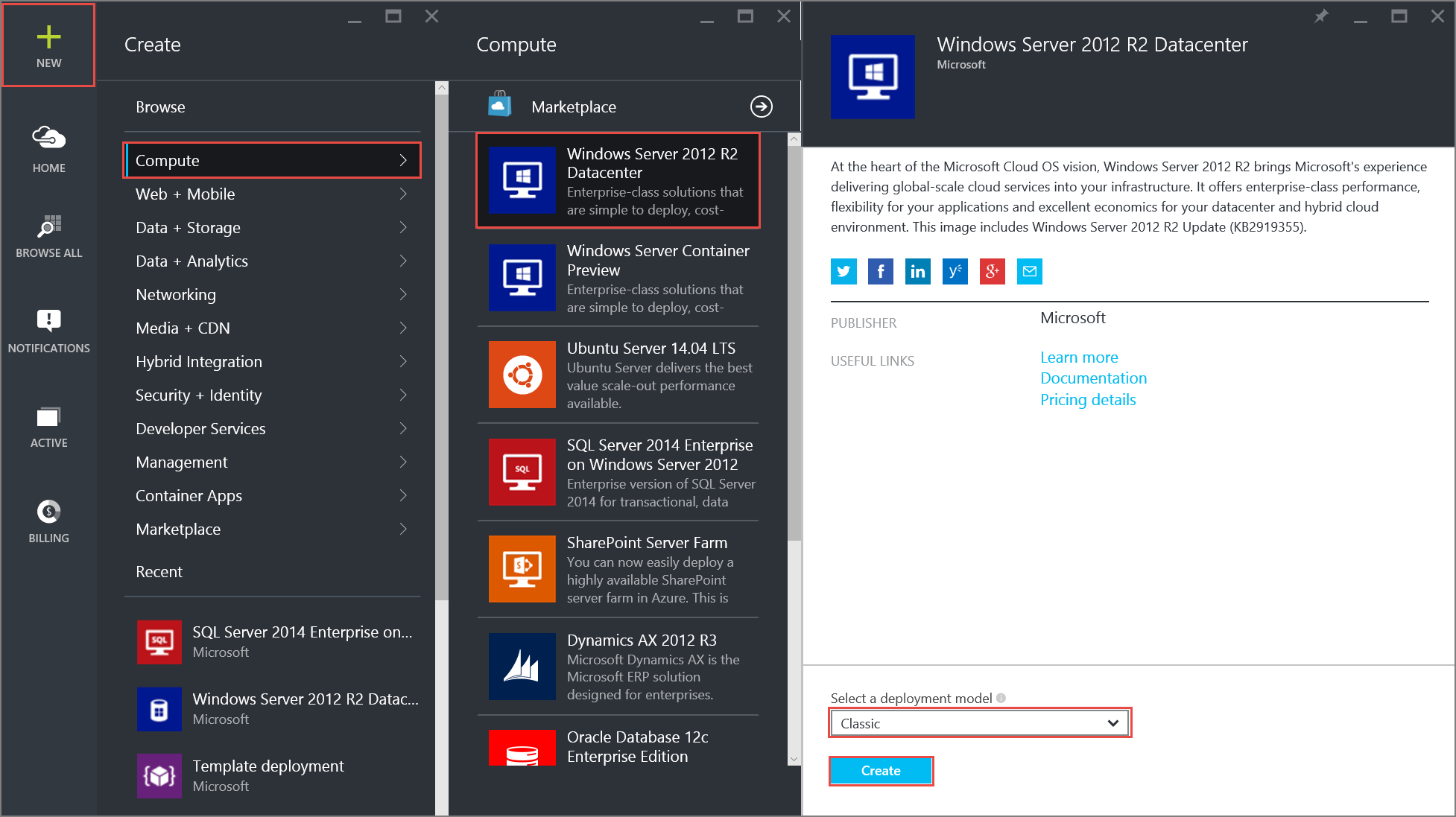 Screenshot that shows the Azure portal with the New > Compute > Windows Server 2012 R2 Datacenter tile highlighted.
