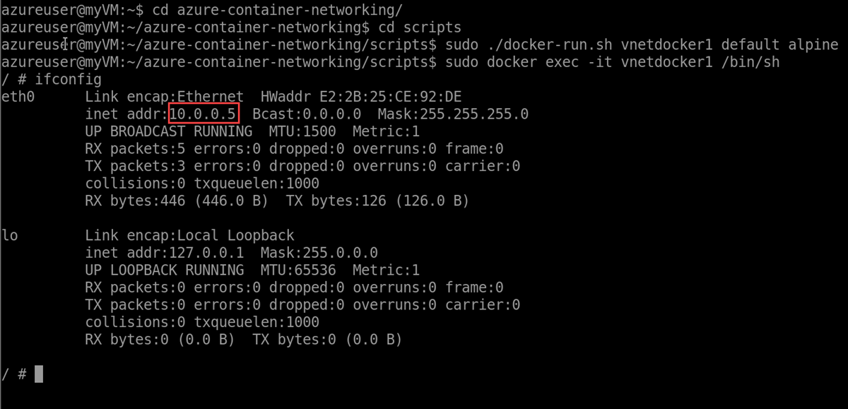 Screenshot of ifconfig output in Bash prompt of test container.