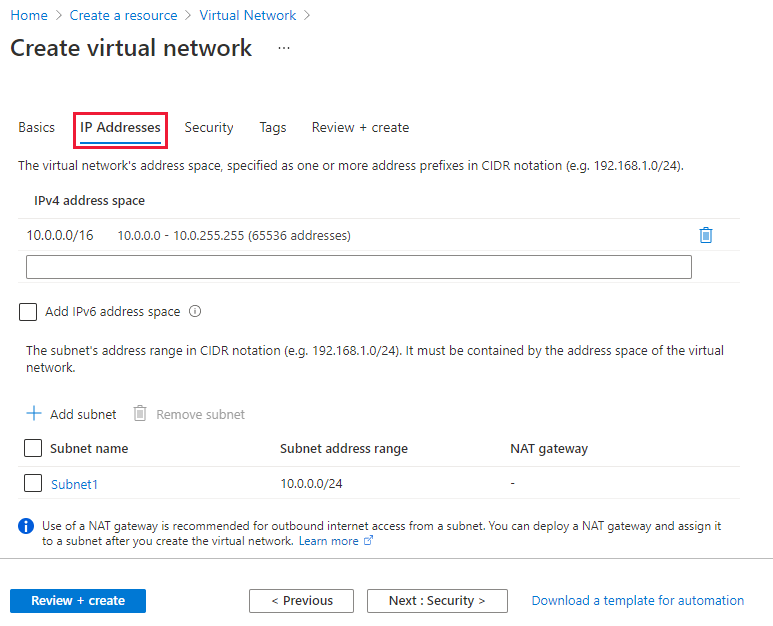 Screenshot of create a virtual network IP addresses tab.