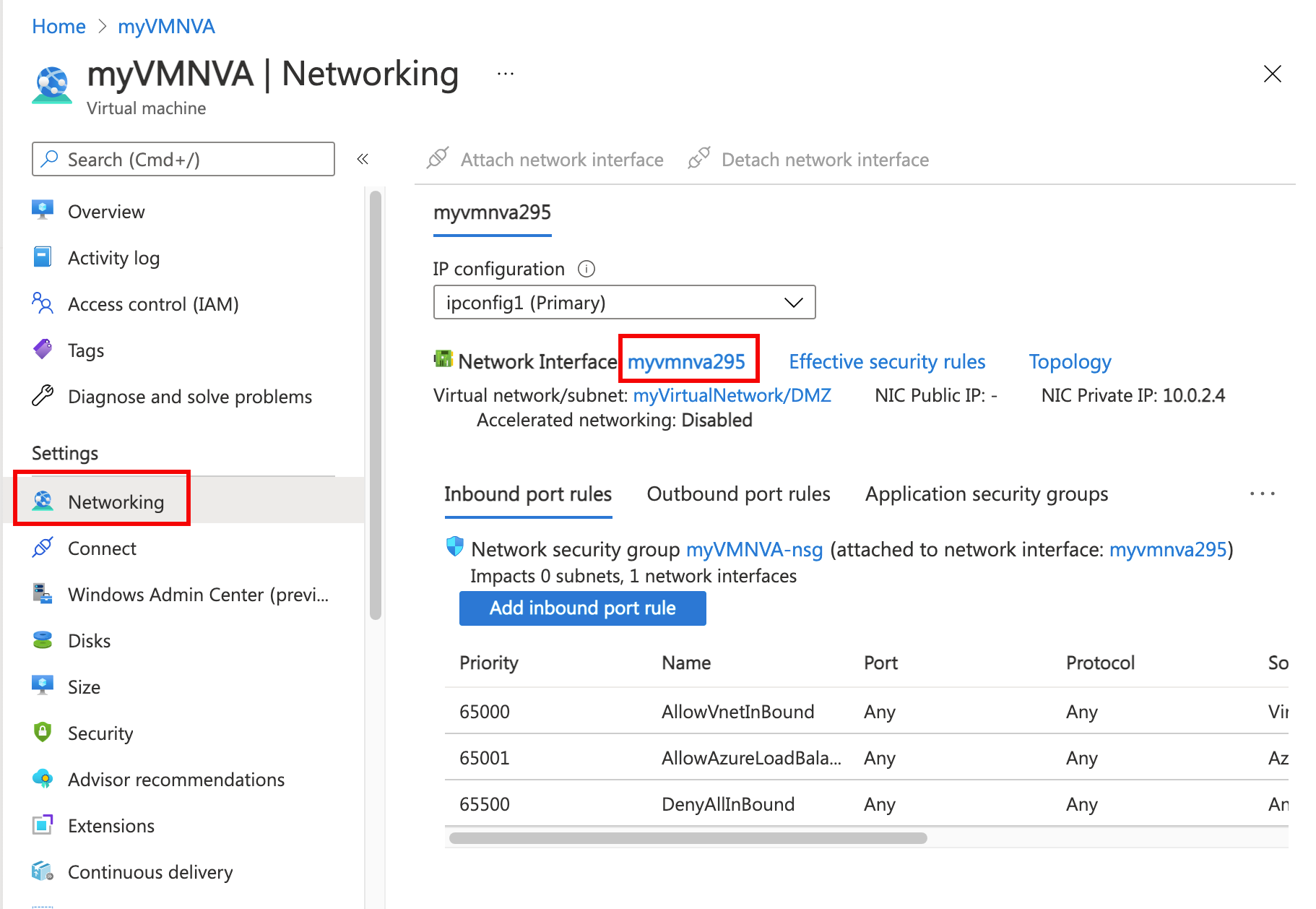 Screenshot showing Networking page of network virtual appliance virtual machine in Azure portal.