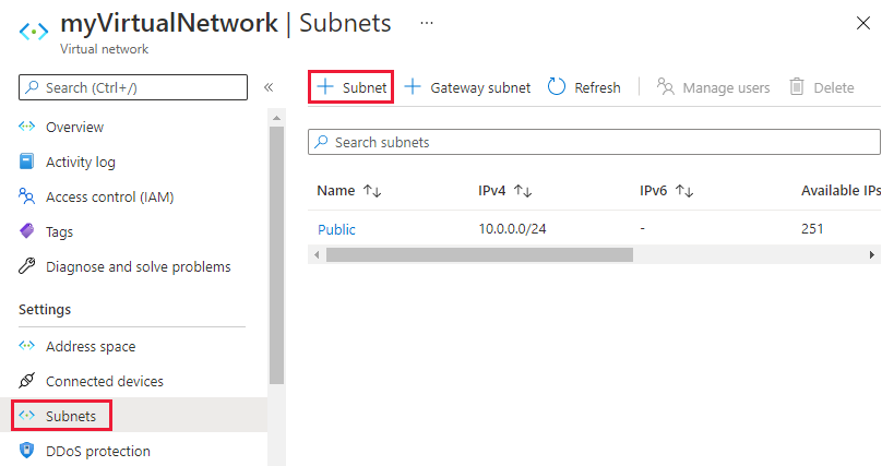 Screenshot of adding subnet to an existing virtual network.