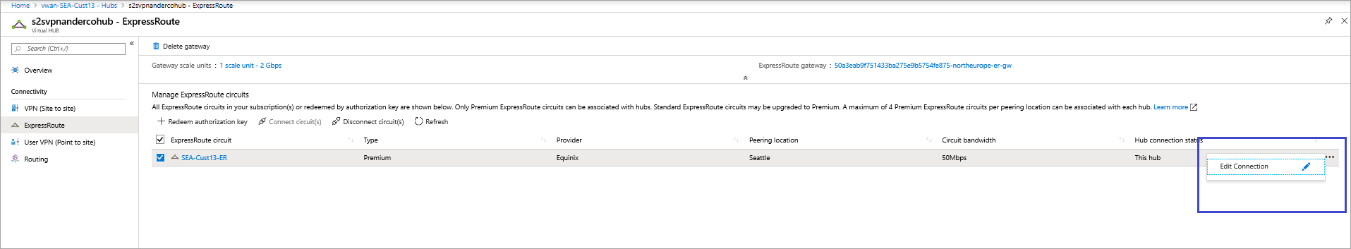 Screenshot shows Edit ExpressRoute Gateway page.