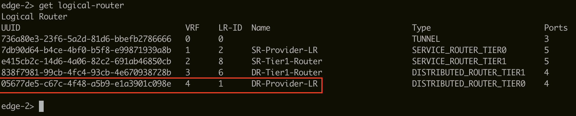Screenshot that shows the UUID for the logical router.