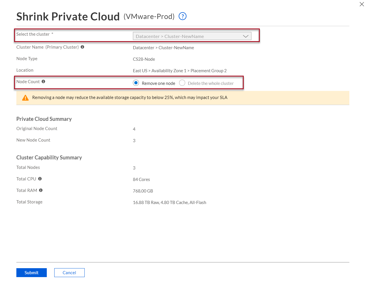 Shrink private cloud - select cluster