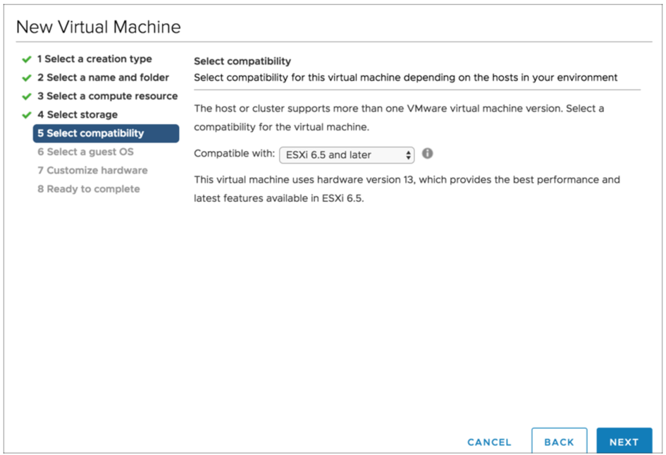 Screenshot that shows the selected ESXi 6.5 compatibility option.