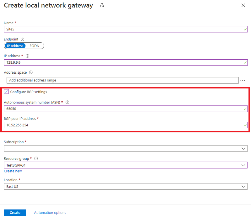 Configure BGP for the local network gateway