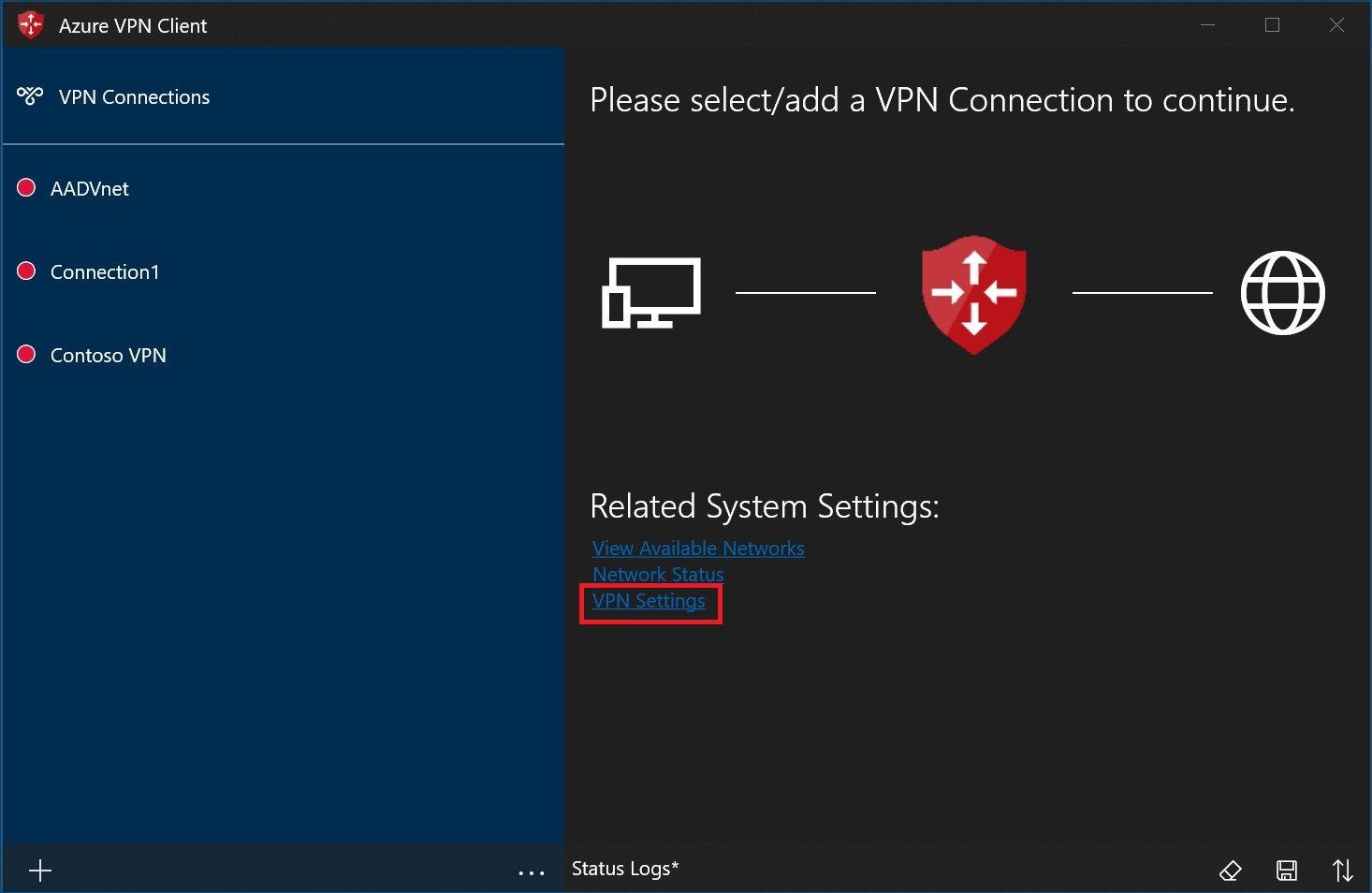 Screenshot of the VPN home page with "VPN Settings" selected.