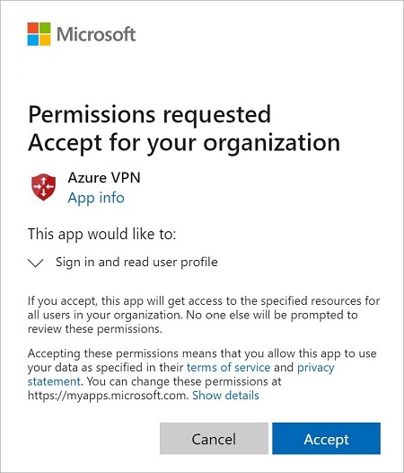 Screenshot shows the message Permissions requested Accept for your organization with details and the option to accept.