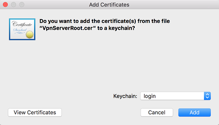 Screenshot shows adding the VpnServerRoot certificate.