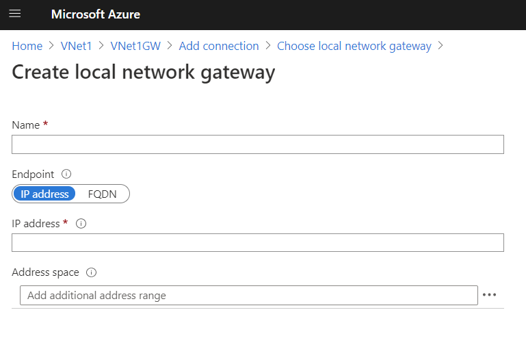 Create local network gateway page