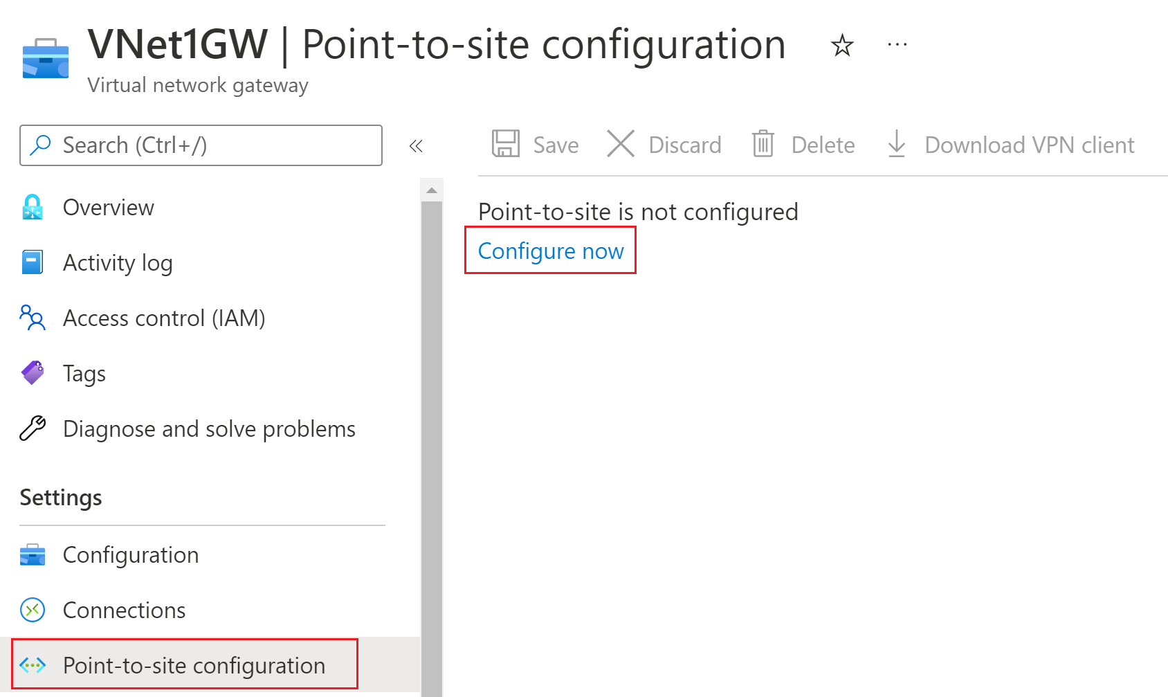 Point-to-site configuration page.