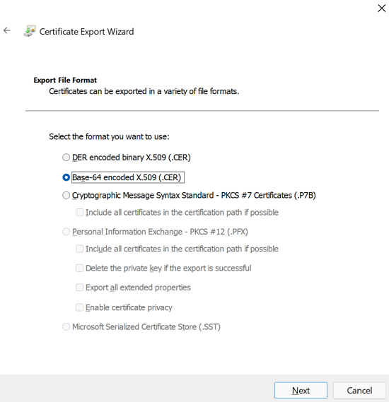 Screenshot showing export as Base-64 encoded X.509.