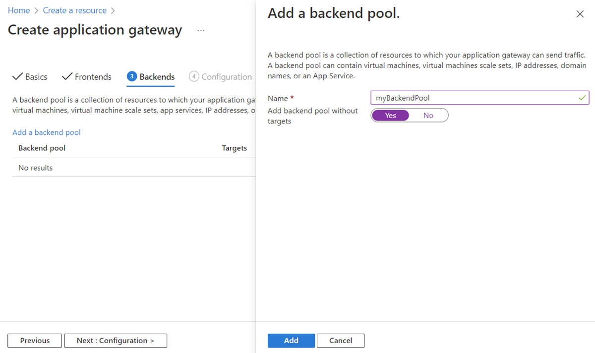Screenshot of Create new application gateway: Backends.