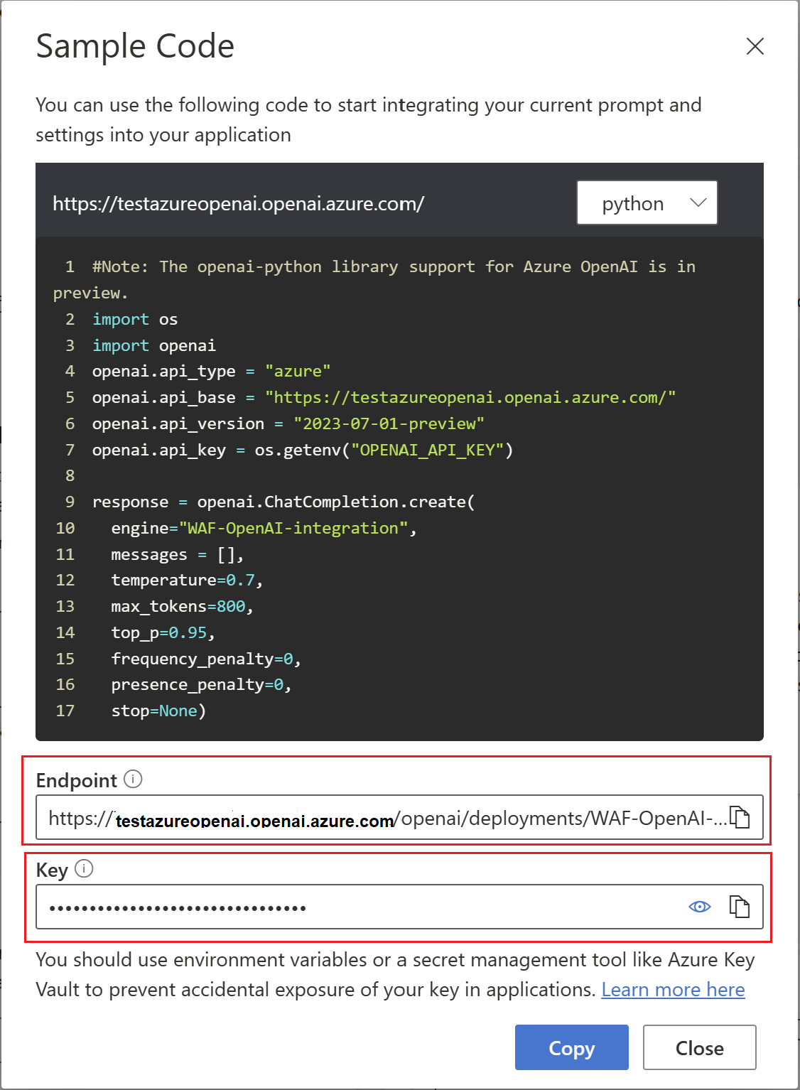 Screenshot showing Azure OpenAI sample code with Endpoint and Key.