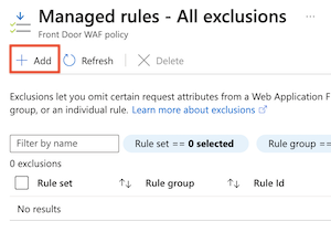 Screenshot that shows the Azure portal with the exclusion list Add button.