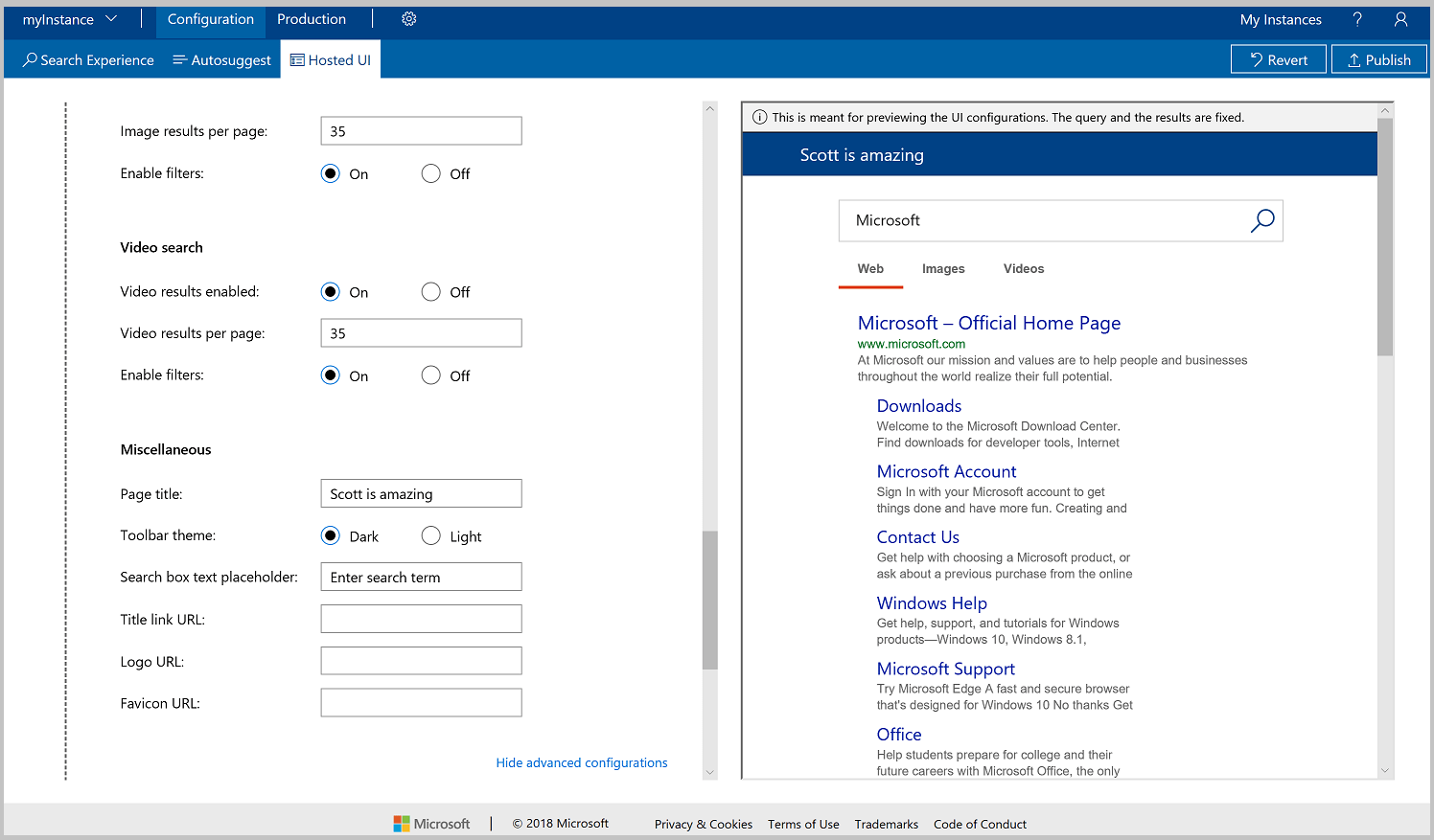 Screenshot of the Hosted UI advanced configurations step