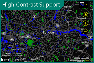 Screenshot showing an example of a High Contrast map in Bing Maps.